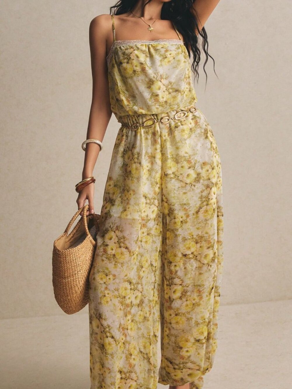 Multicolor Boho Women's Watercolor Lace Trim Wide Leg Chiffon Romper - Picture 8 of 8